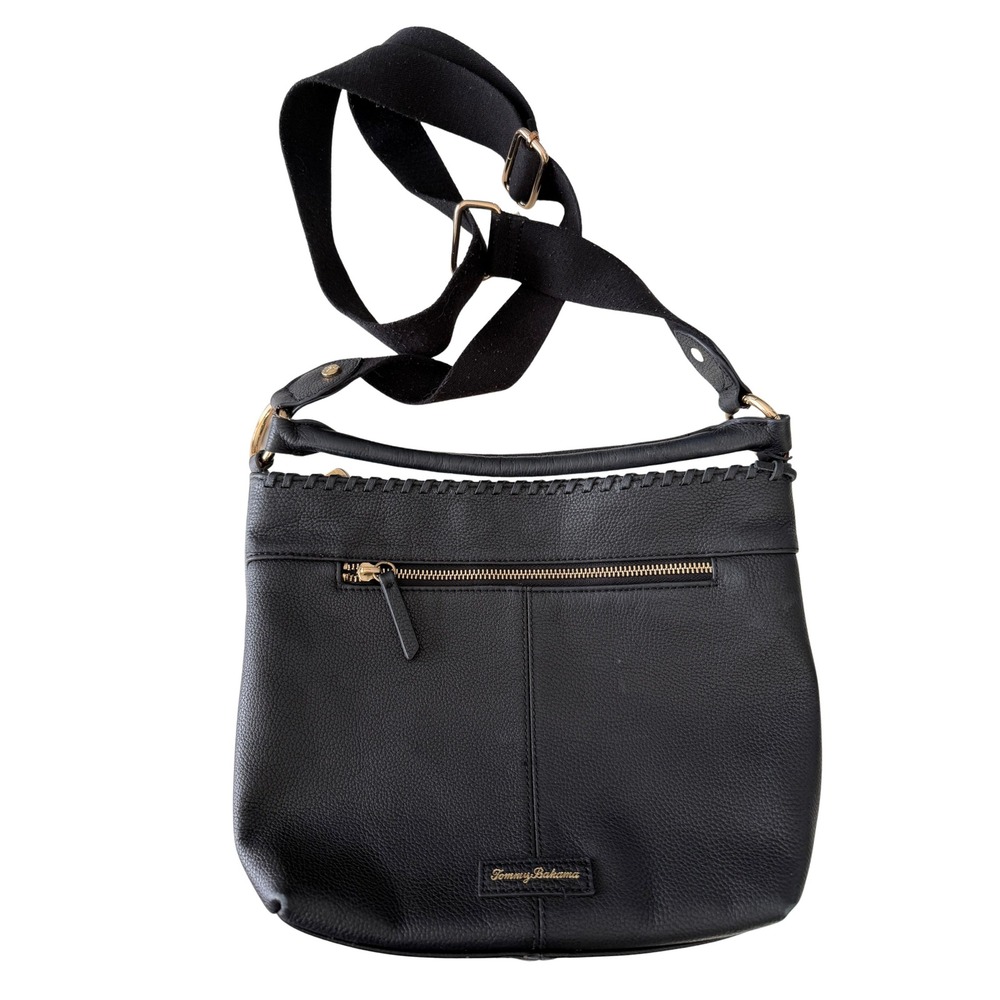 Tommy Bahama Black Leather Crossbody Bag Zip Pocket Adjustable Strap